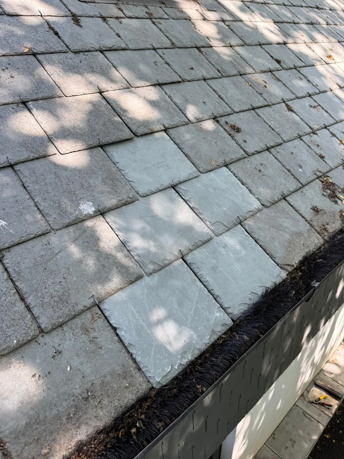 Close-up of slate with debris along the gutter edge