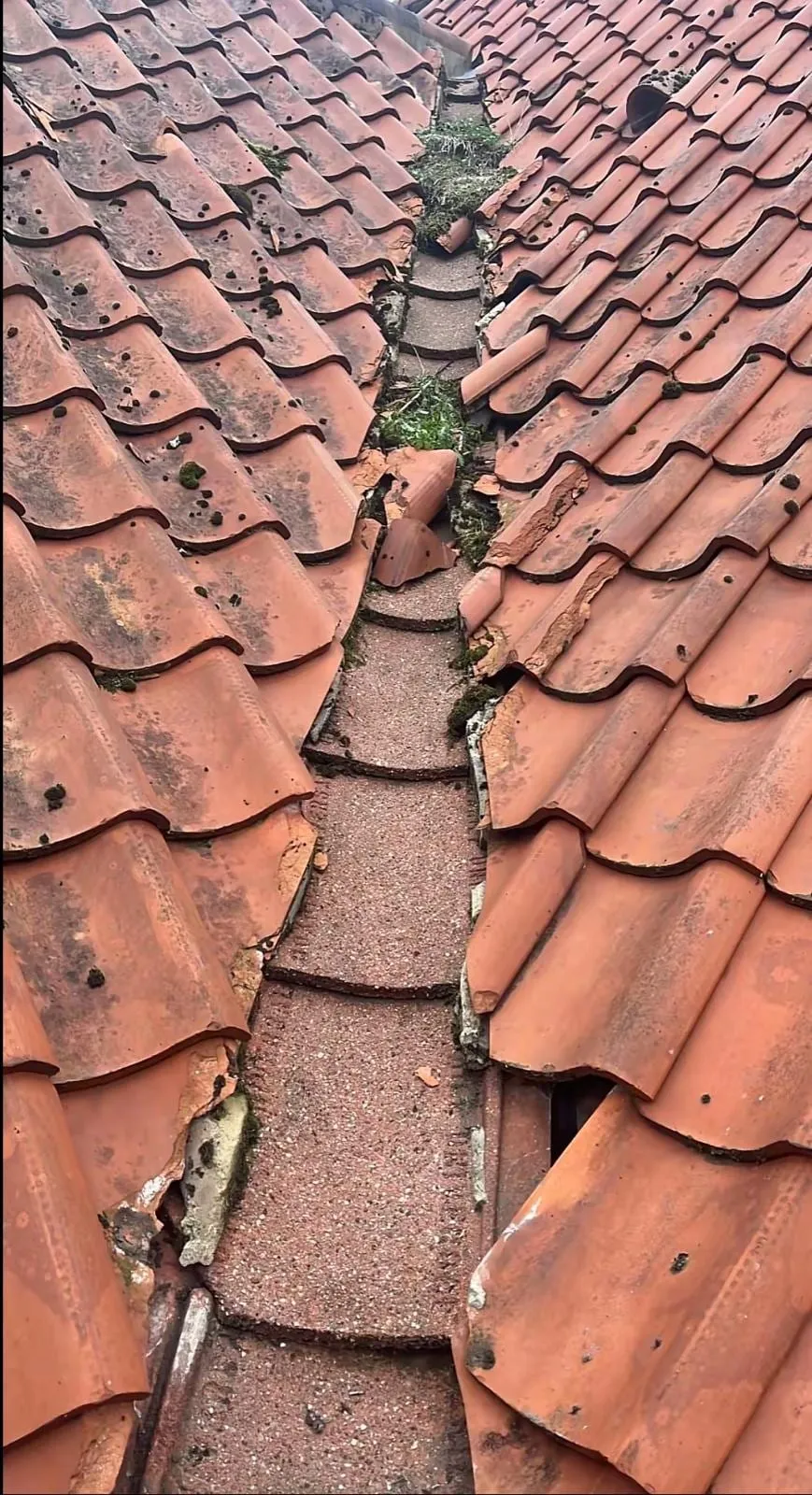 Worn valley between red tiles, with moss and gaps along the middle